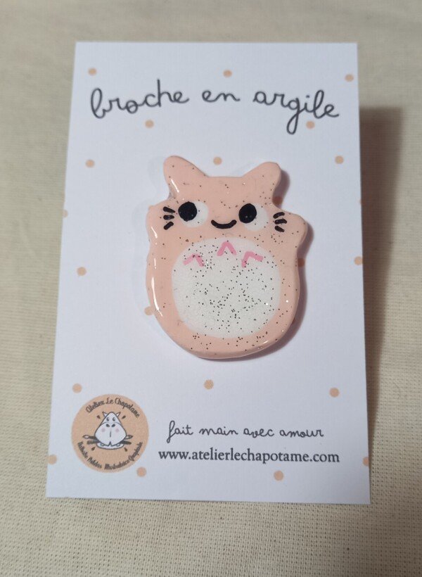 Broche en argile - Totoro – rose pailletée