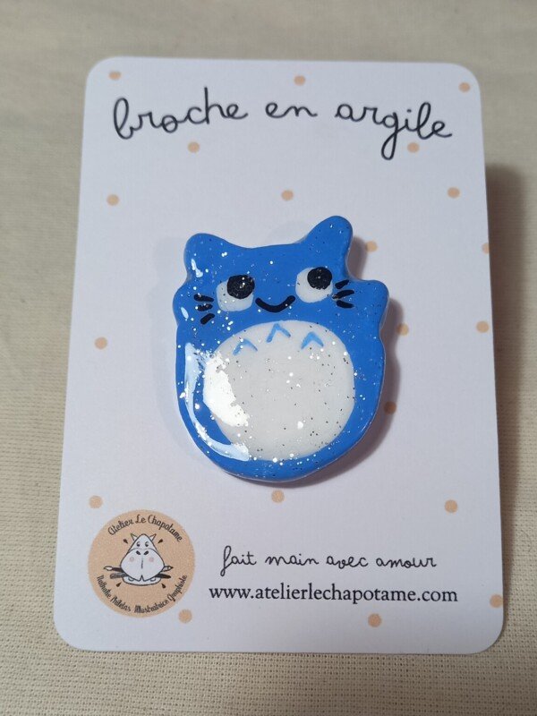 Broche en argile - Totoro bleu pailleté